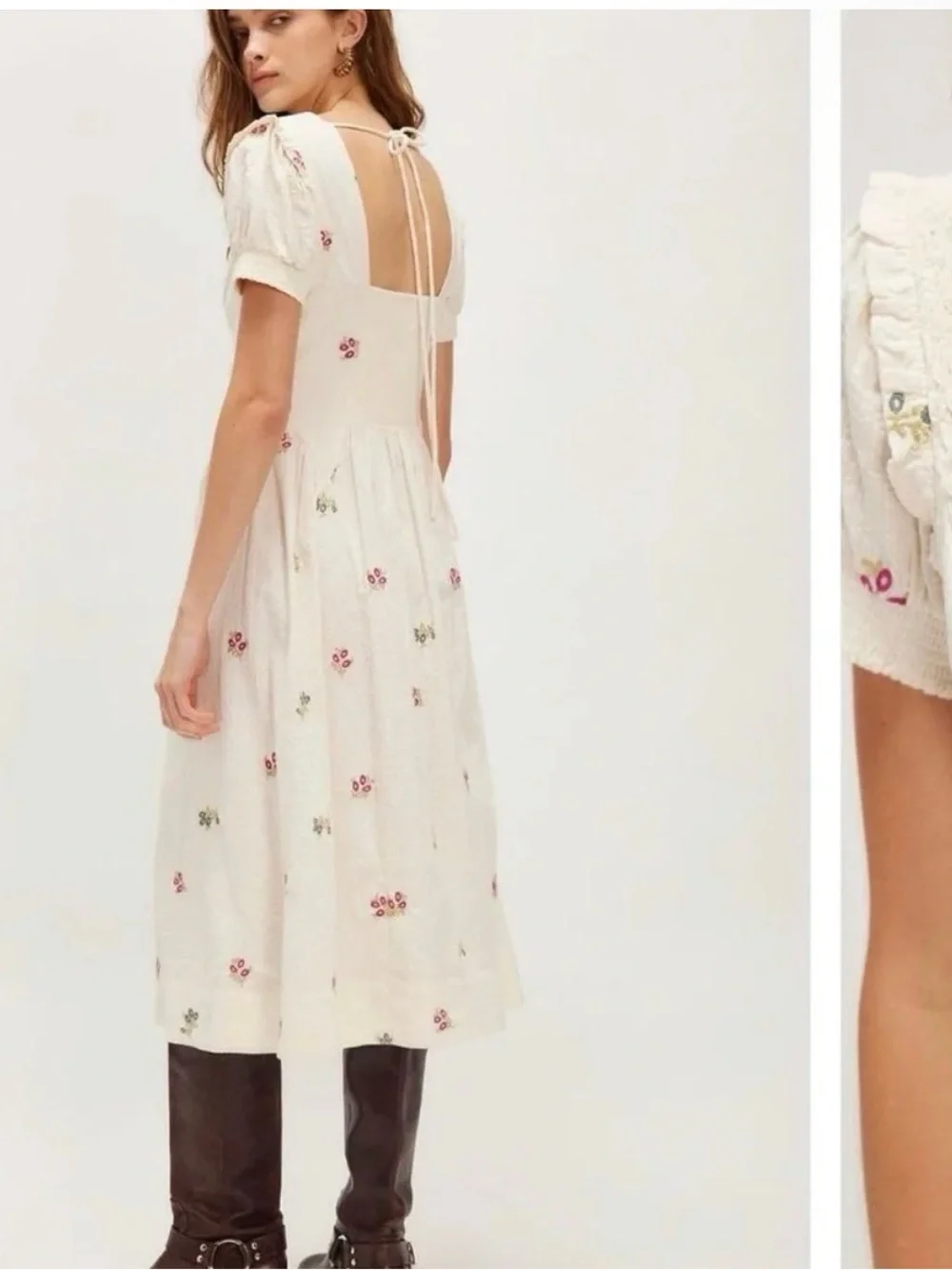 BMWT Free People Cream Floral Embroidered Puff-Sleeve Midi Dress - Picture 3 of 5
